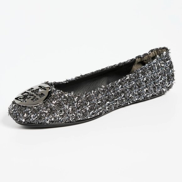NIB Tory Burch Minnie Tweed Travel Ballet Flat Silver Confetti Gunmetal US 9
